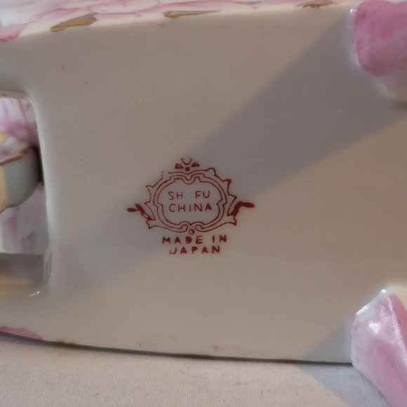 Vintage Ceramic Wheelbarrow Flower Frog, Pink Flowers w Gold Trim, Made in Japan - Picture 6 of 6
